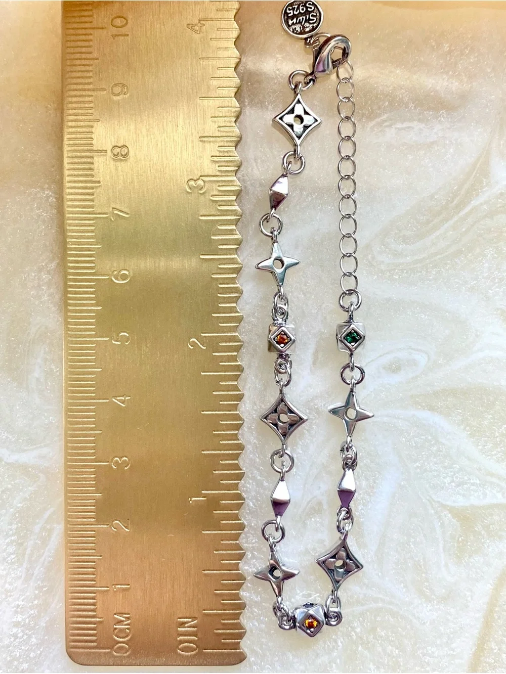 Sterling Silver Star & Square Charm Bracelet with Multicolored Stones